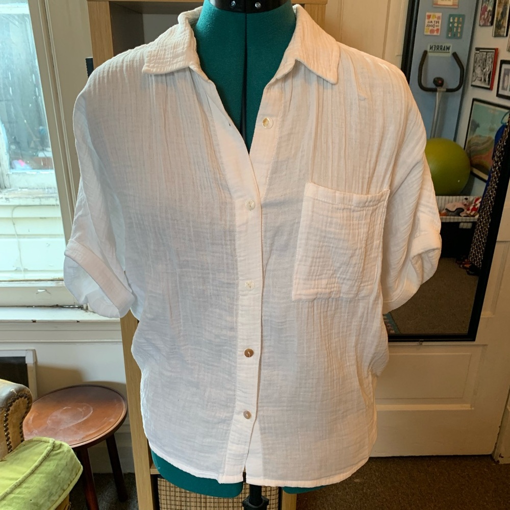 Double Gauze Camp Shirt- White Cotton Button-down